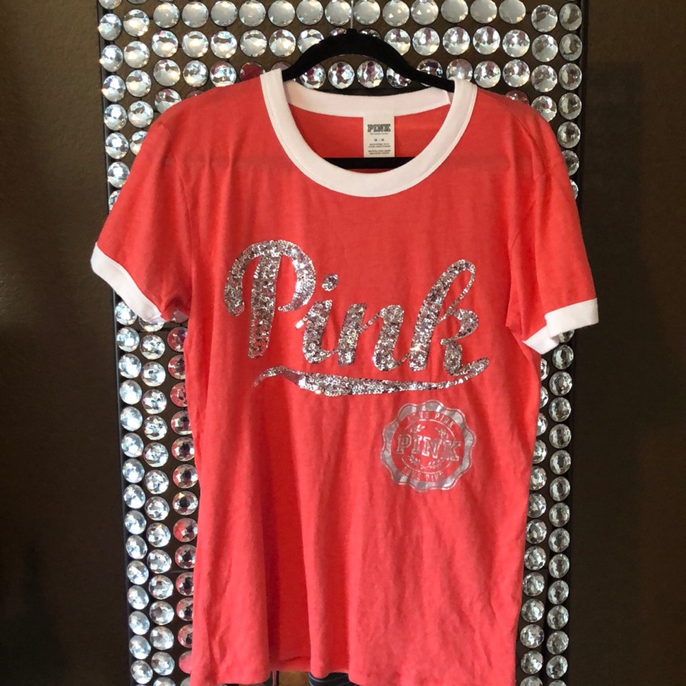 VS PINK, coral tee with sequin lettering